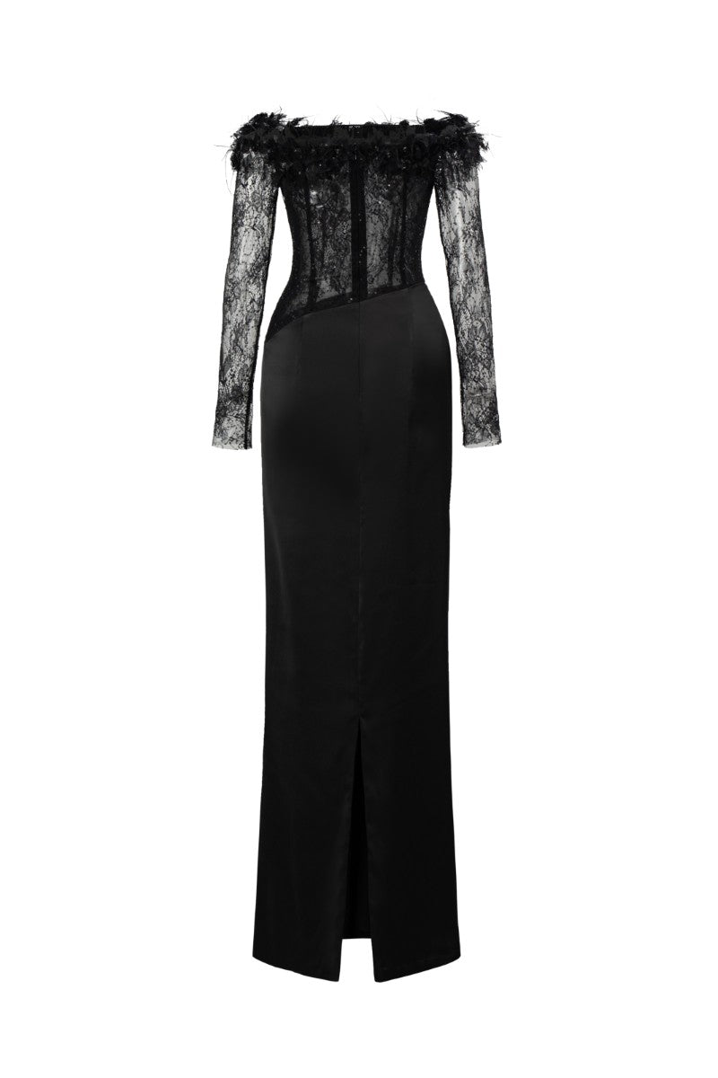 NAMLA LACE AND SILK SATIN DRESS IN BLACK