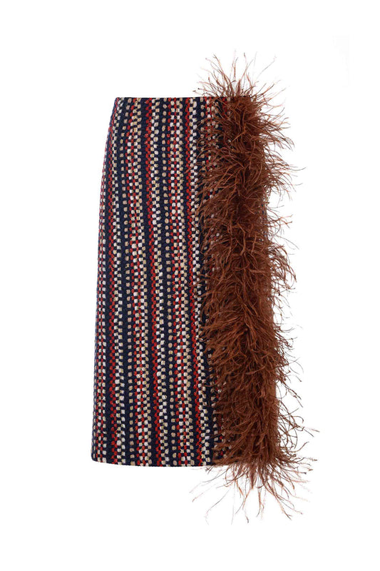 BROWN CHECKED WOOL AND FEATHER SKIRT