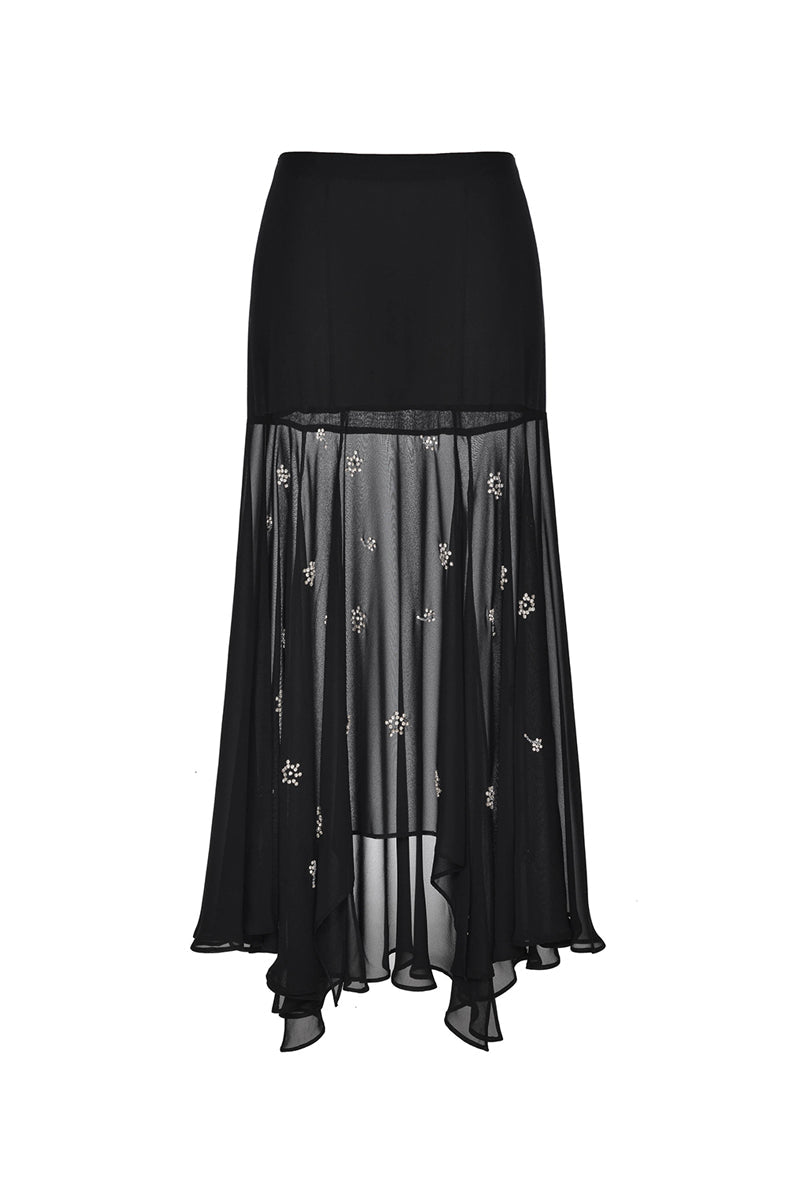 BLACK SHEER SILK LAYERED MAXI SKIRT