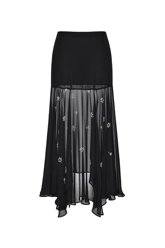 BLACK SHEER SILK LAYERED MAXI SKIRT