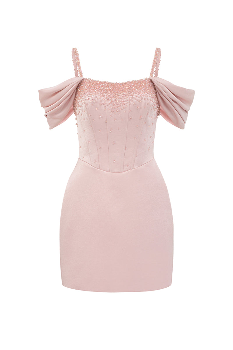 OFF-SHOULDER BUSTIER MINI DRESS IN LIGHT PINK