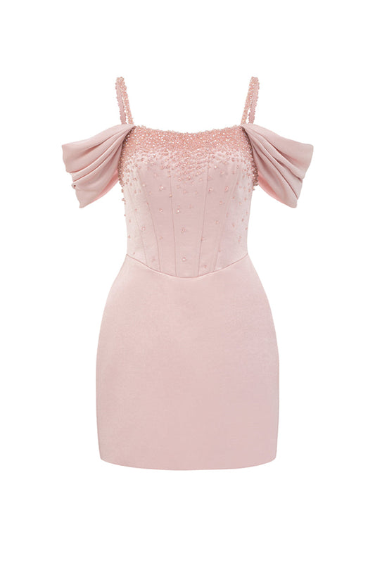 OFF-SHOULDER BUSTIER MINI DRESS IN LIGHT PINK