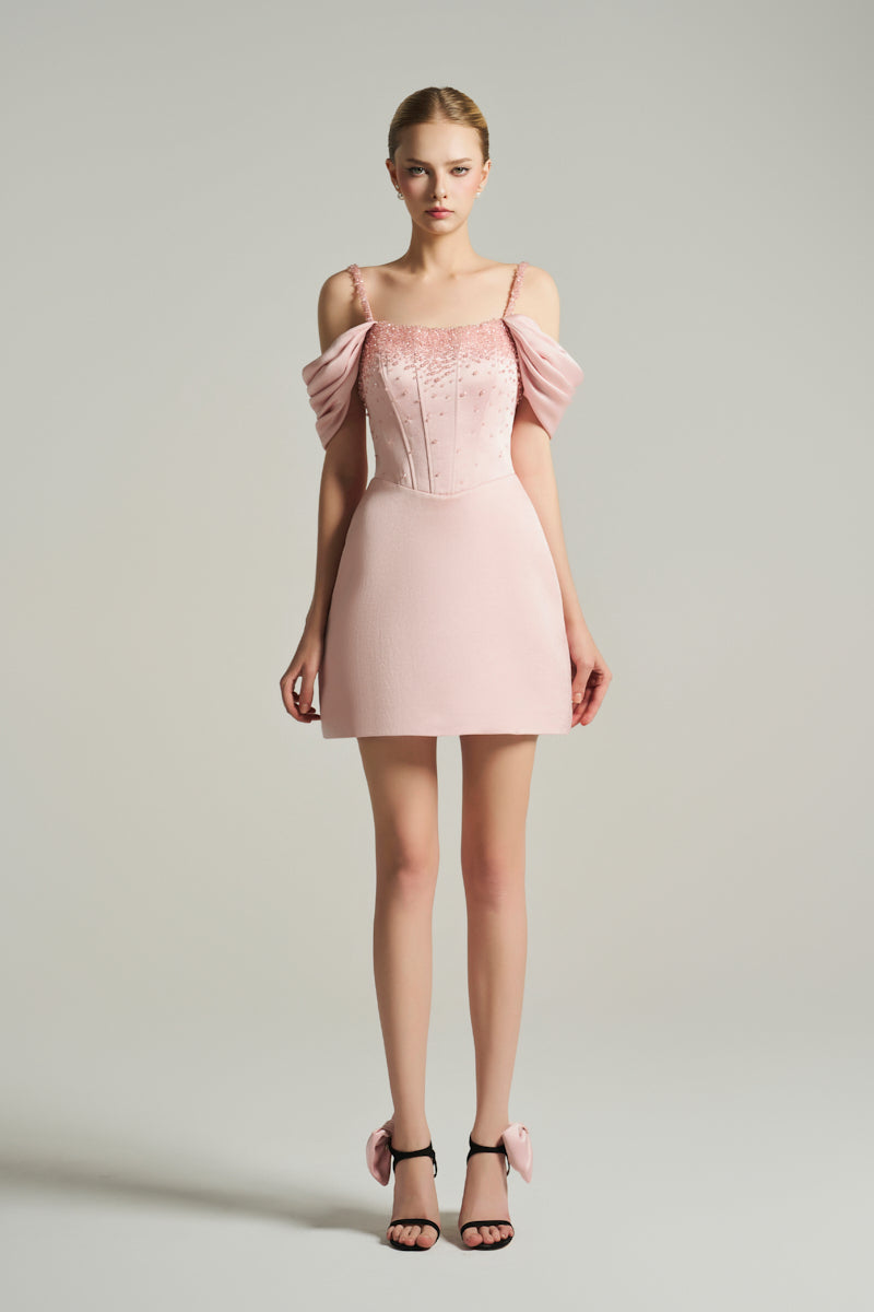 OFF-SHOULDER BUSTIER MINI DRESS IN LIGHT PINK