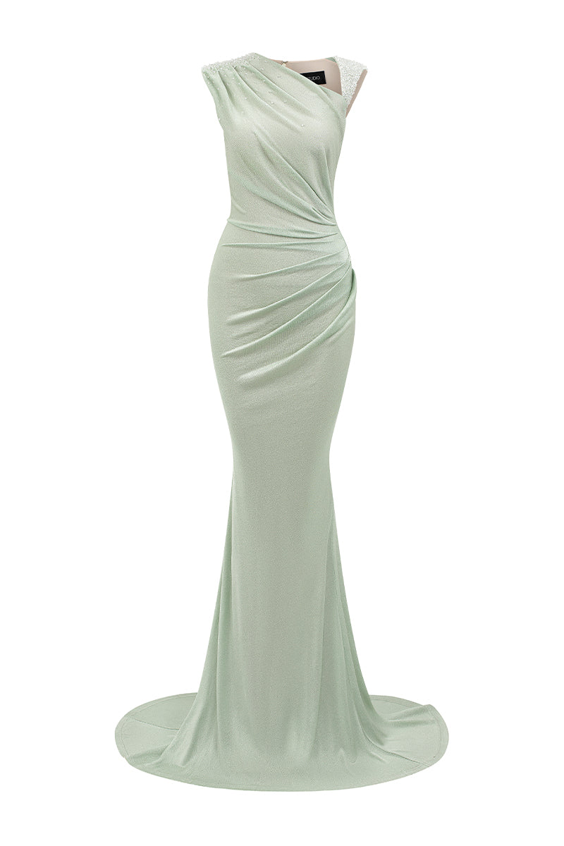 ASYMMETRIC NECKLINE GOWN IN MINT