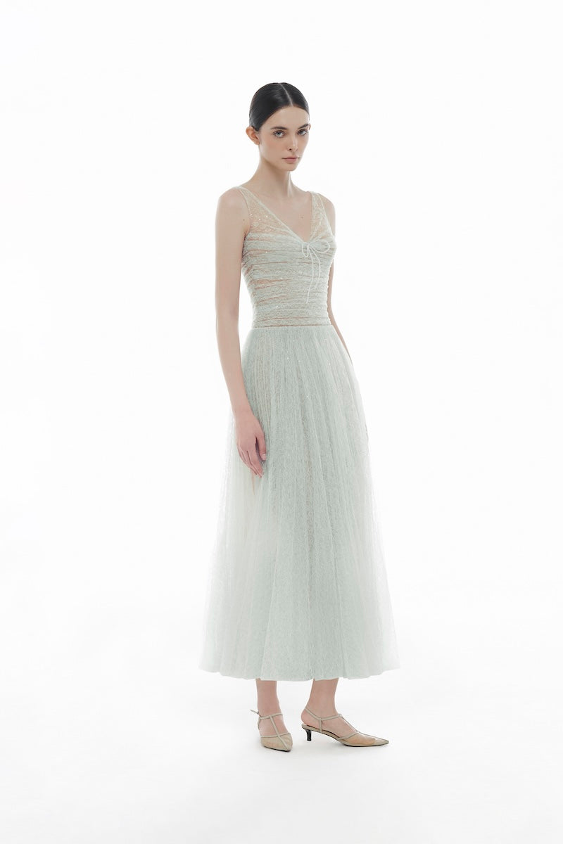 MINT V-NECK DRAPED MIDI DRESS