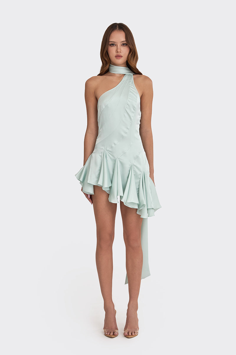 MS. GODET ASYMMETRIC DRESS IN GREEN
