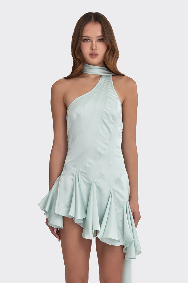 MS. GODET ASYMMETRIC DRESS IN GREEN