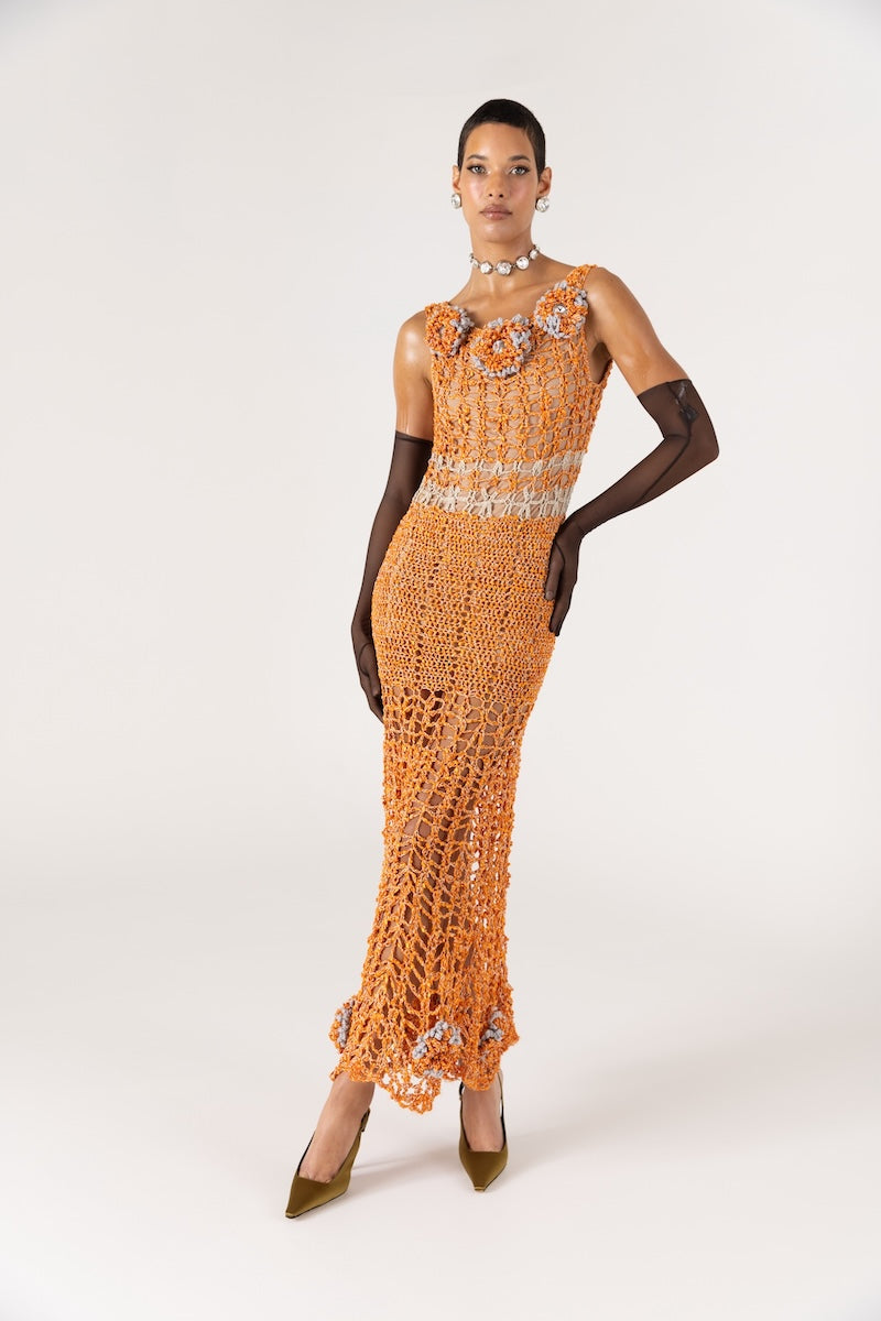 ORANGE CHRYSANTHEMUM HANDMADE MAXI CROCHET DRESS