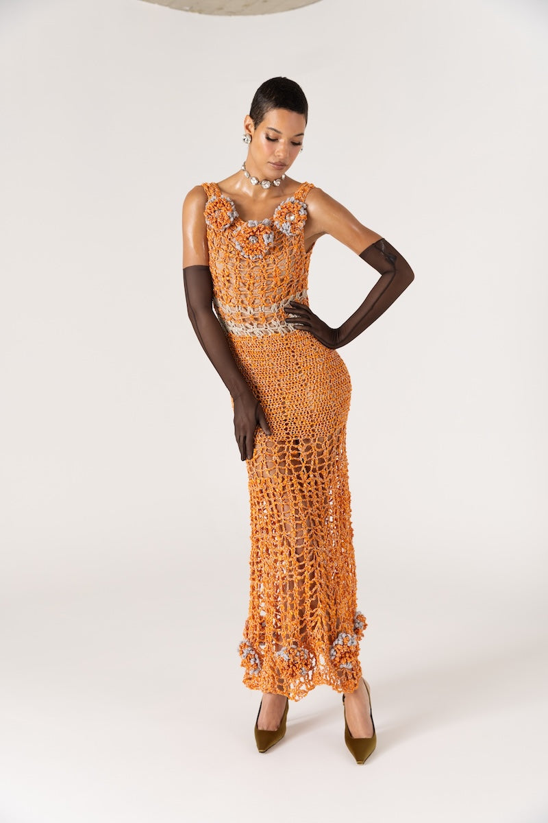 ORANGE CHRYSANTHEMUM HANDMADE MAXI CROCHET DRESS
