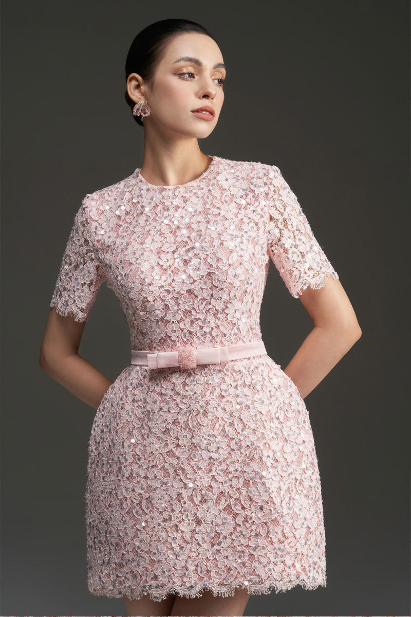 SEQUIN FLORAL LACE AND SILK TAFFETA DRESS IN PINK