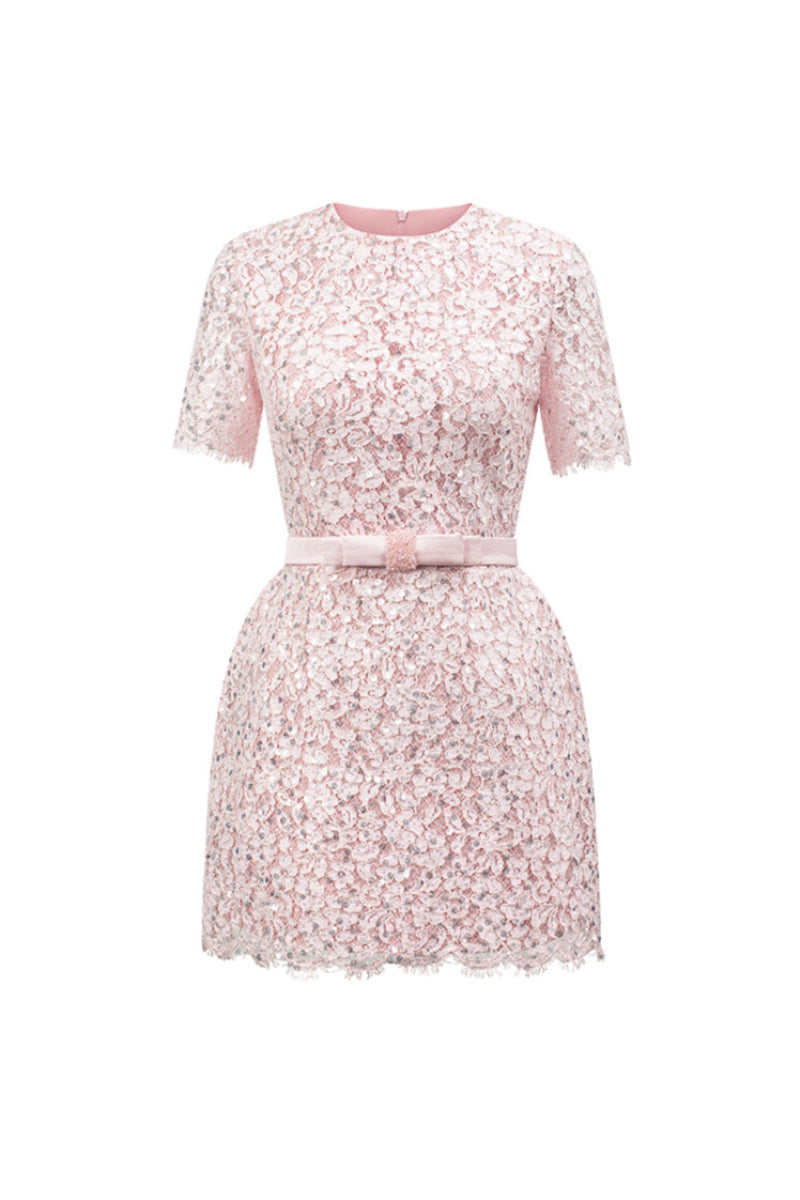 SEQUIN FLORAL LACE AND SILK TAFFETA DRESS IN PINK
