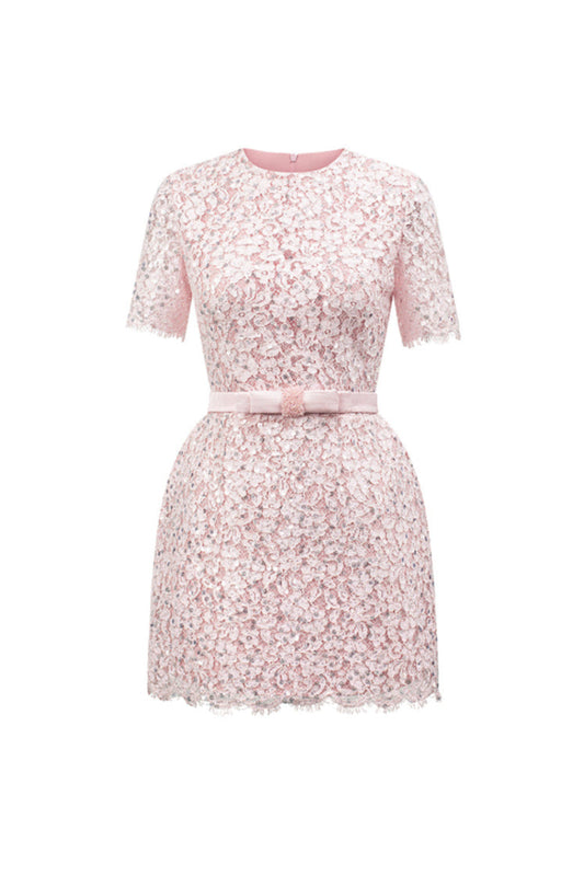 SEQUIN FLORAL LACE AND SILK TAFFETA DRESS IN PINK