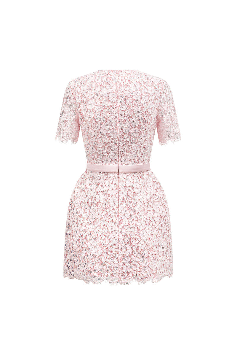 SEQUIN FLORAL LACE AND SILK TAFFETA DRESS IN PINK