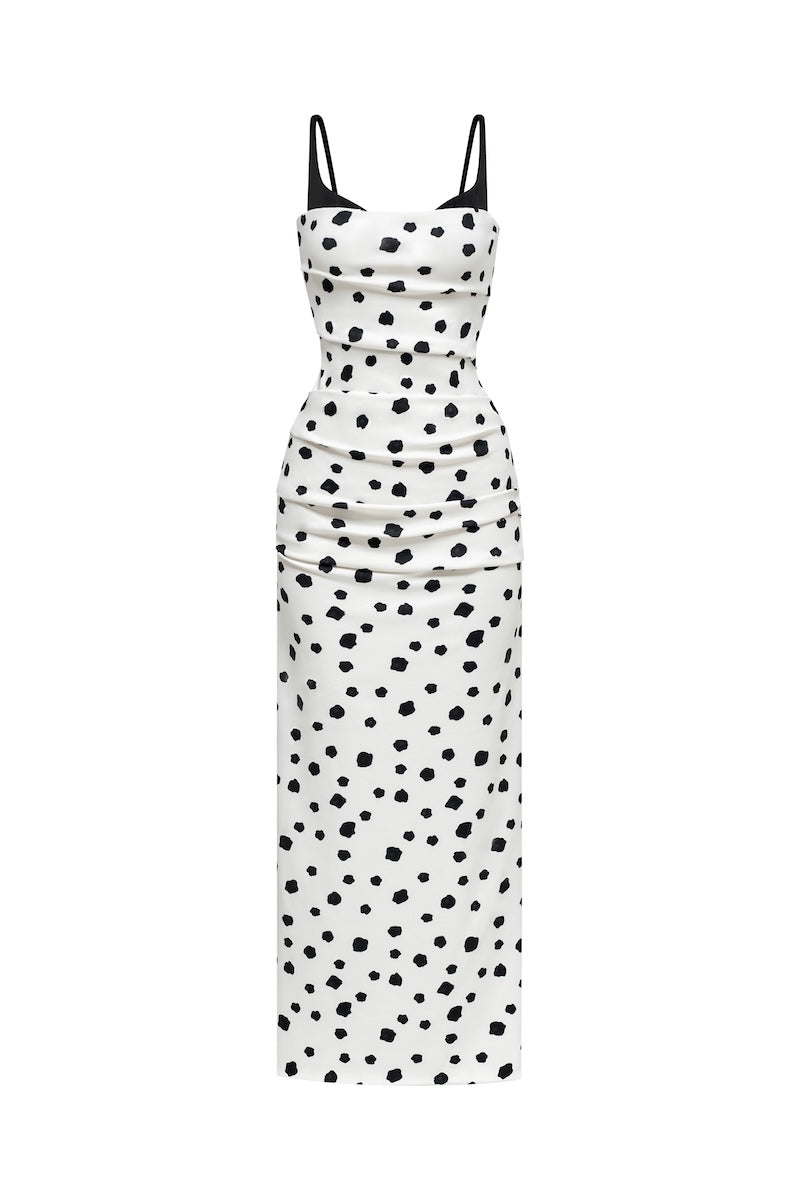 POLKA DOT DRAPED MIDI DRESS
