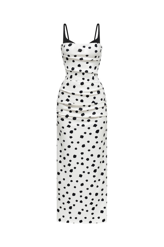 POLKA DOT DRAPED MIDI DRESS