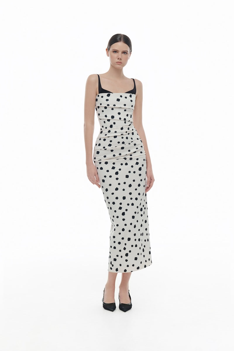 POLKA DOT DRAPED MIDI DRESS