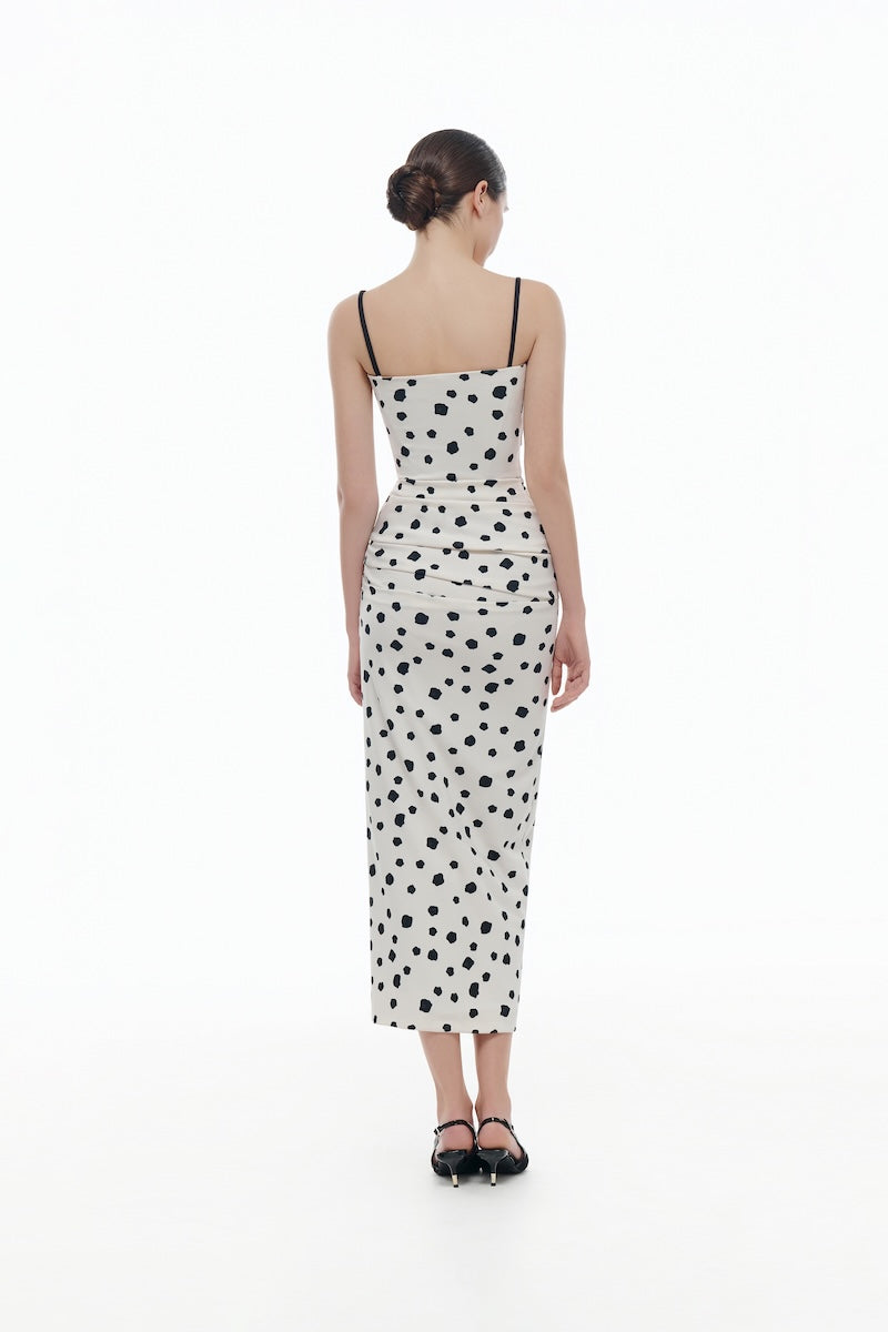 POLKA DOT DRAPED MIDI DRESS