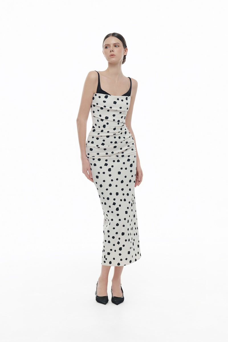 POLKA DOT DRAPED MIDI DRESS