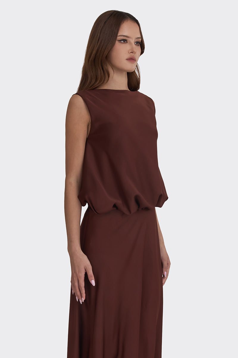 PUFFED BOATNECK MAXI GOWN IN BROWN