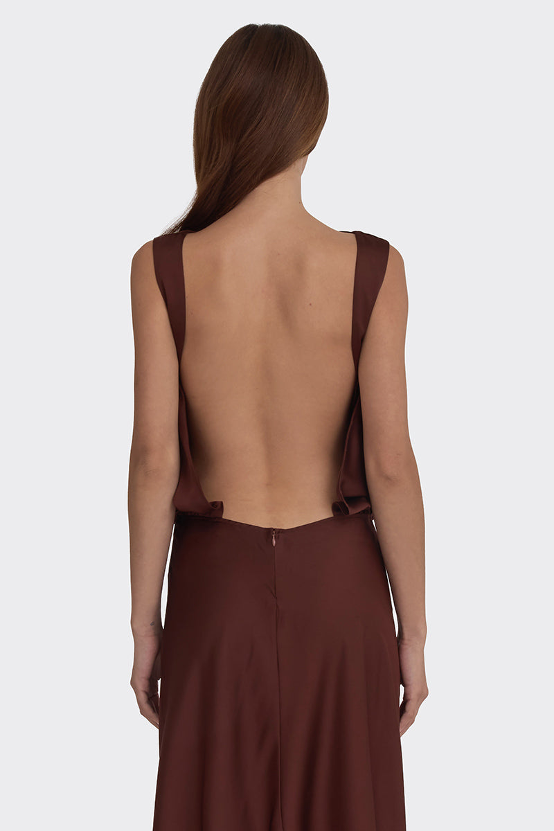 PUFFED BOATNECK MAXI GOWN IN BROWN