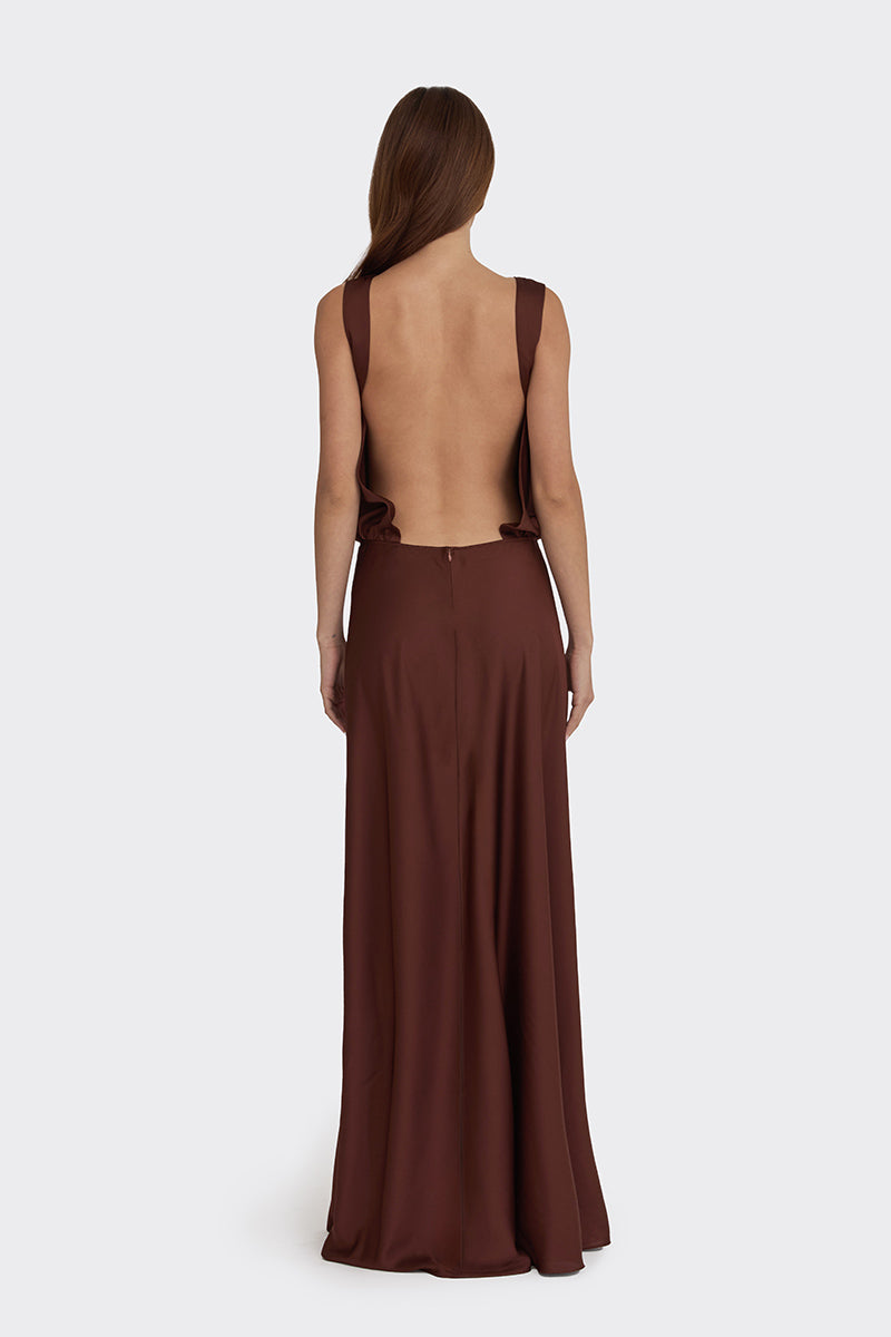 PUFFED BOATNECK MAXI GOWN IN BROWN