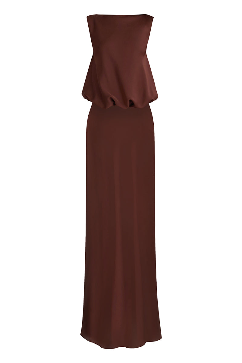 PUFFED BOATNECK MAXI GOWN IN BROWN