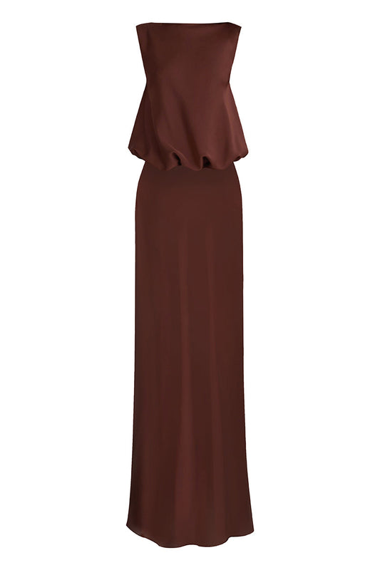 PUFFED BOATNECK MAXI GOWN IN BROWN