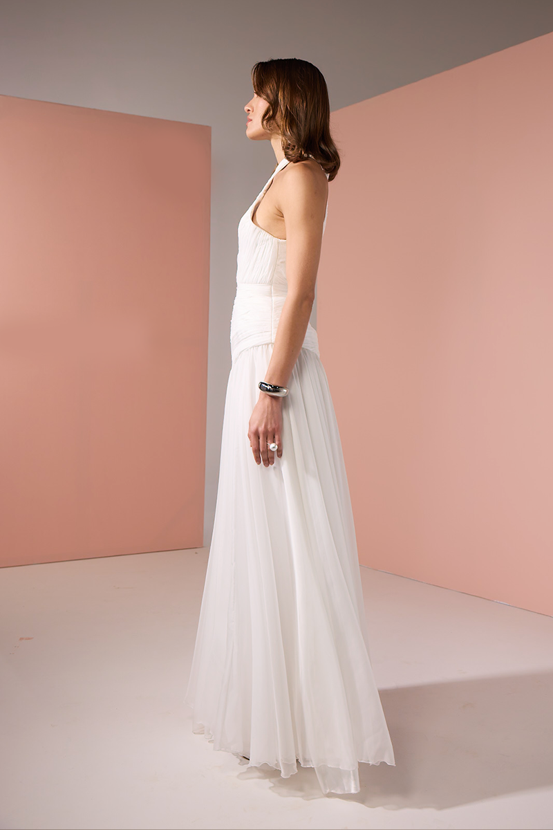 ASYMMETRICAL LOW WAISTLINE GOWN IN WHITE