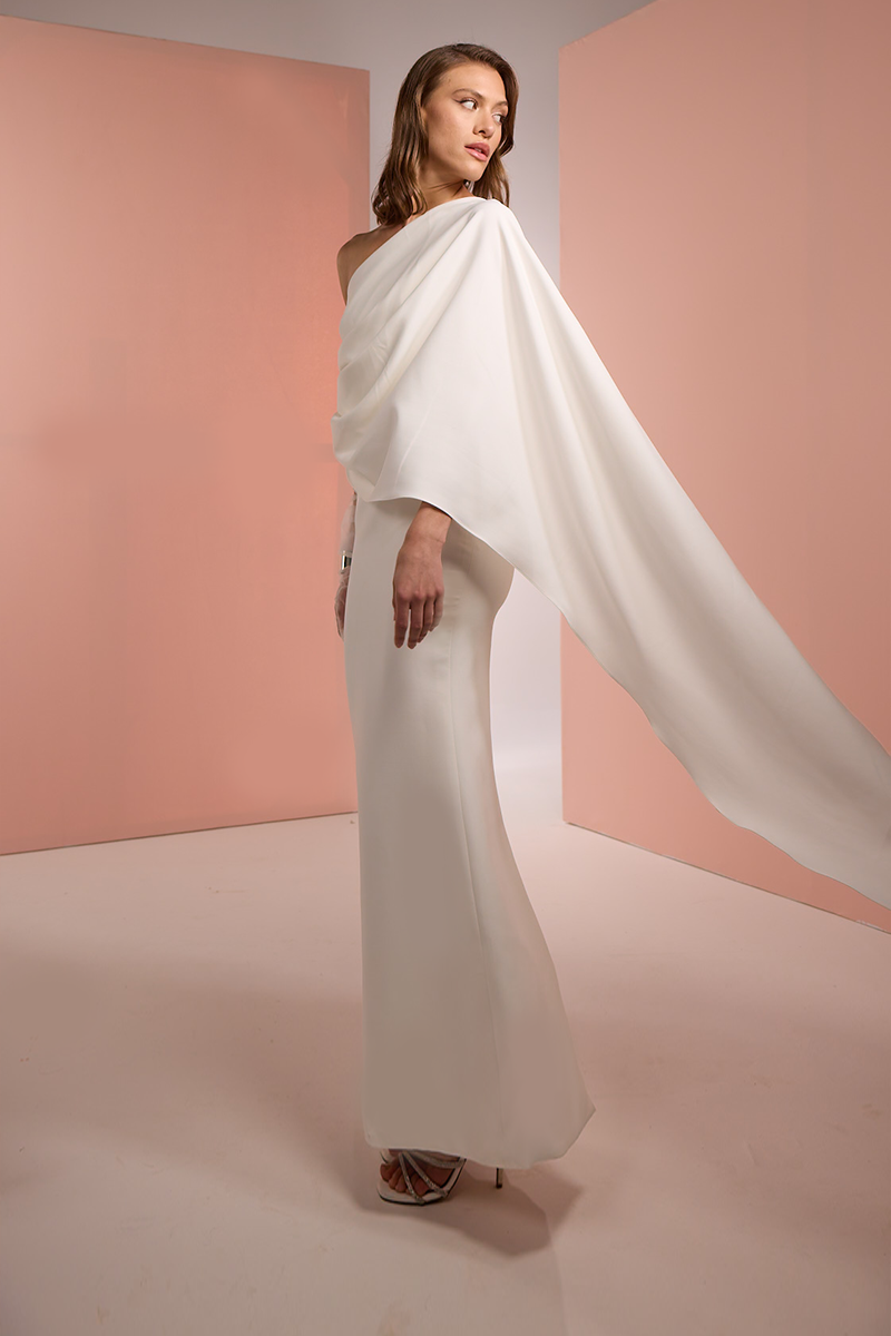 CREPE DRESS WITH SCARF IN WHITE