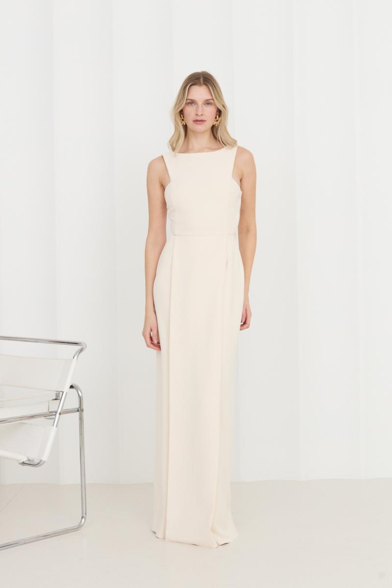 SONORA PASTEL CREAM LONG DRESS WITH PLEATED PENCIL SKIRT