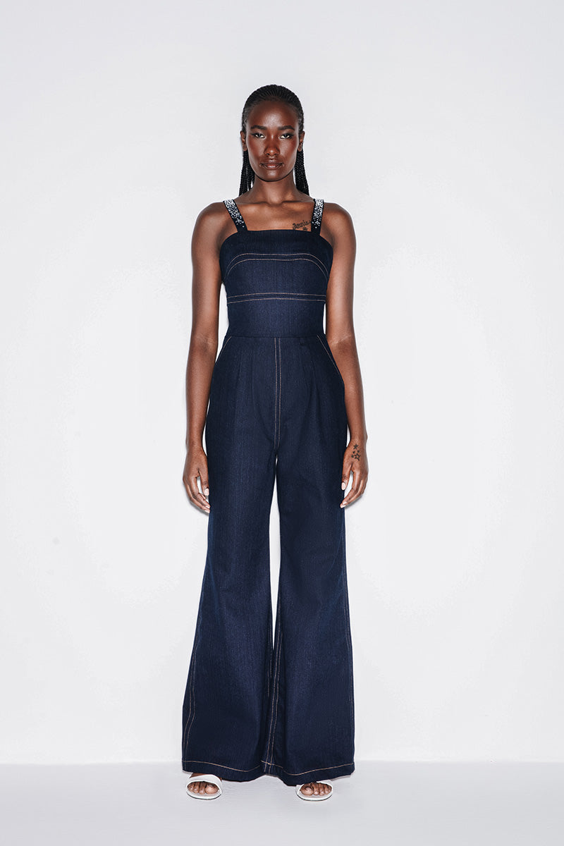 DENIM CRYSTAL-EMBELLISHED JUMPSUIT IN BLUE