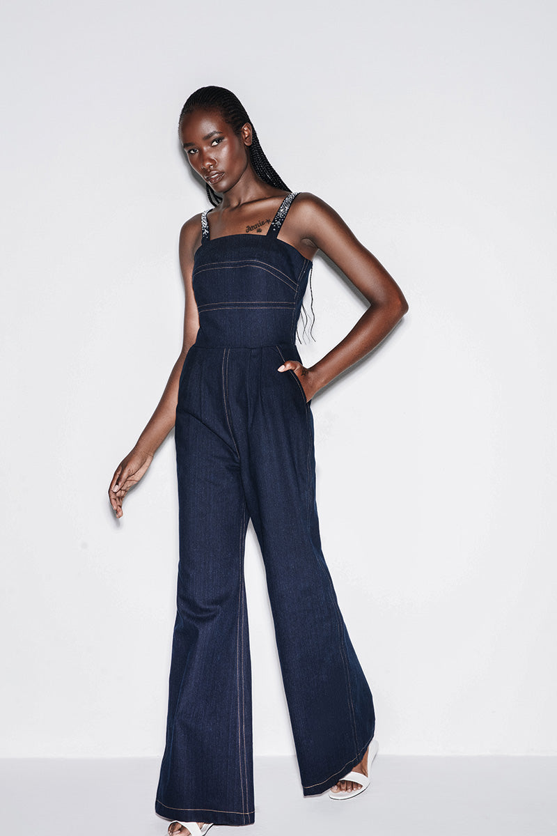 DENIM CRYSTAL-EMBELLISHED JUMPSUIT IN BLUE