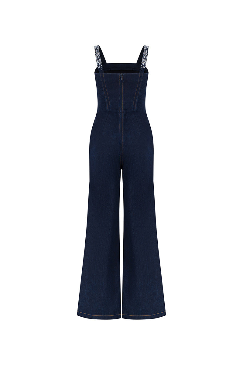 DENIM CRYSTAL-EMBELLISHED JUMPSUIT IN BLUE