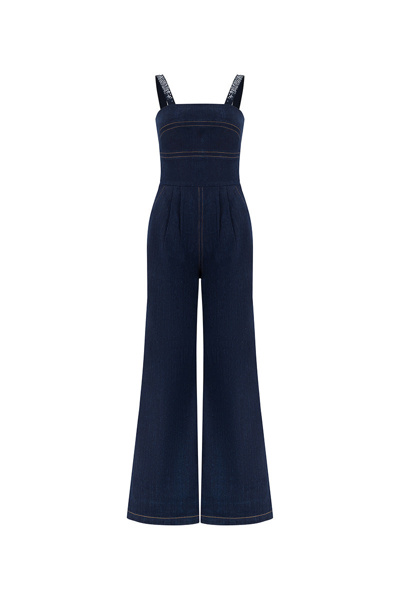 DENIM CRYSTAL-EMBELLISHED JUMPSUIT IN BLUE