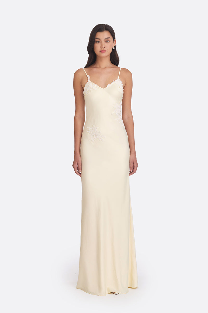 SIGNATURE V NECK LACE MAXI DRESS IN LIGHT YELLOW