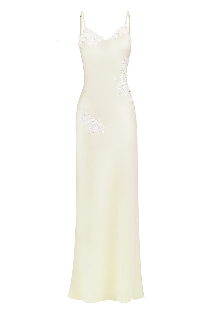 SIGNATURE V NECK LACE MAXI DRESS IN LIGHT YELLOW
