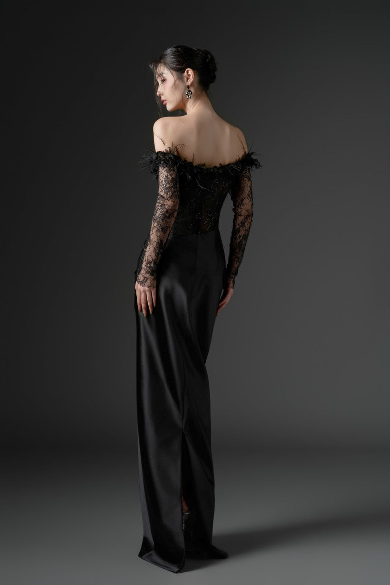 NAMLA LACE AND SILK SATIN DRESS IN BLACK