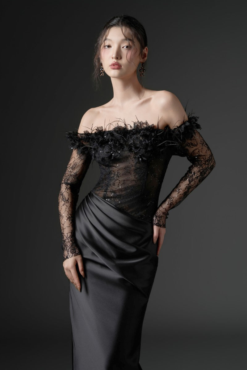 NAMLA LACE AND SILK SATIN DRESS IN BLACK