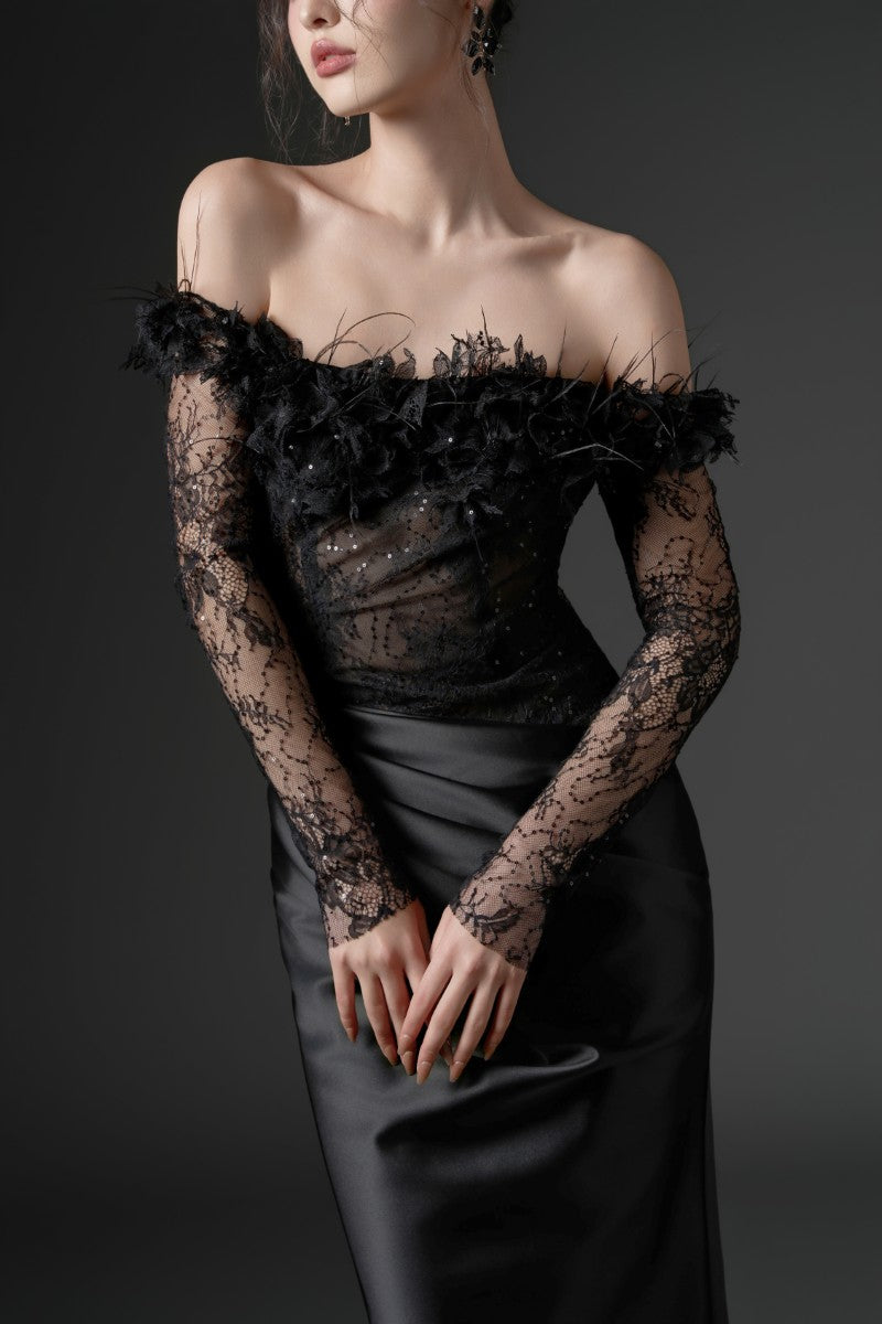 NAMLA LACE AND SILK SATIN DRESS IN BLACK