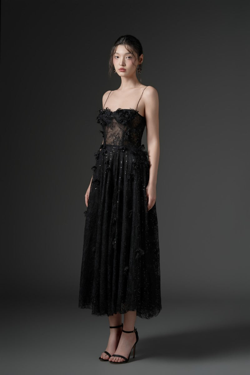 GHAZAL LACE STRAPPY DRESS IN BLACK