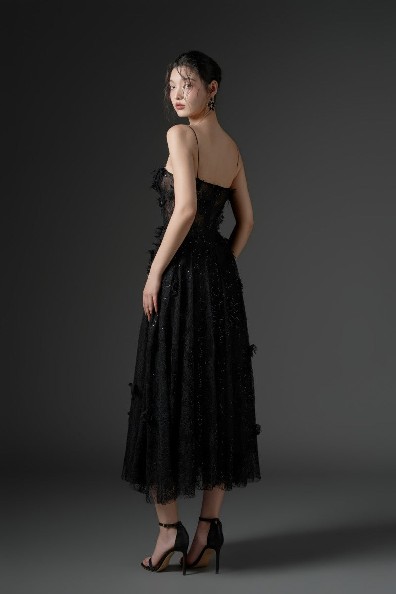 GHAZAL LACE STRAPPY DRESS IN BLACK