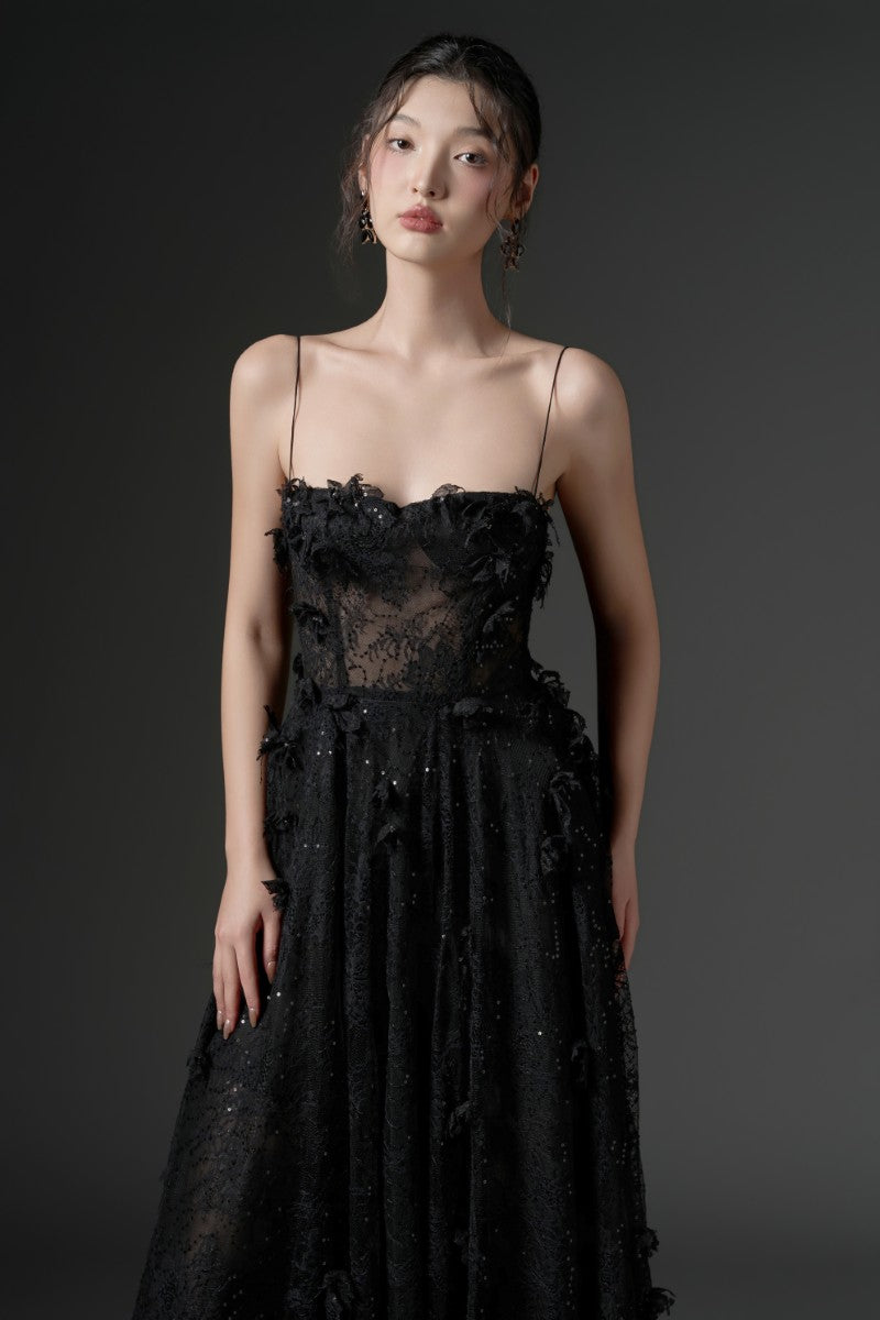 GHAZAL LACE STRAPPY DRESS IN BLACK