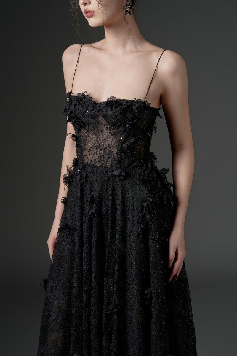 GHAZAL LACE STRAPPY DRESS IN BLACK