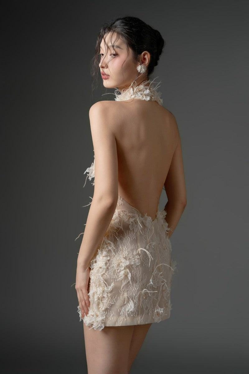 ASAD LACE FLOWER AND FEATHER DRESS IN BEIGE