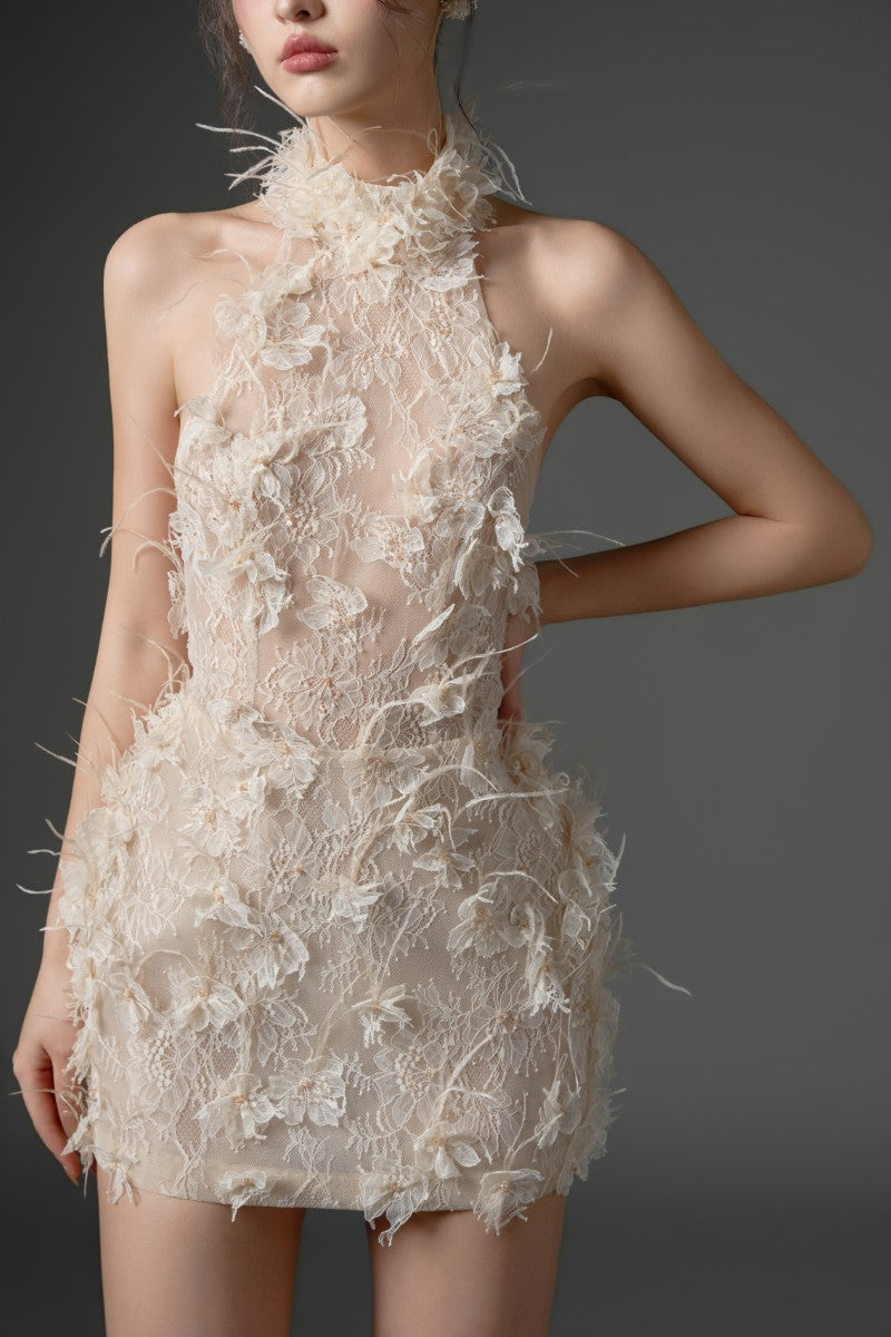ASAD LACE FLOWER AND FEATHER DRESS IN BEIGE