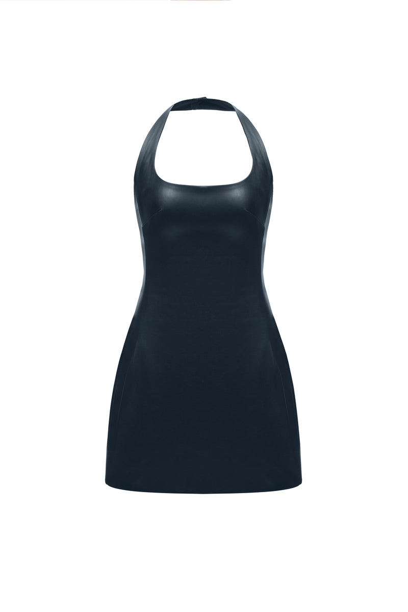 TWO SIDED HALTERNECK LEATHER MINI DRESS IN BLACK