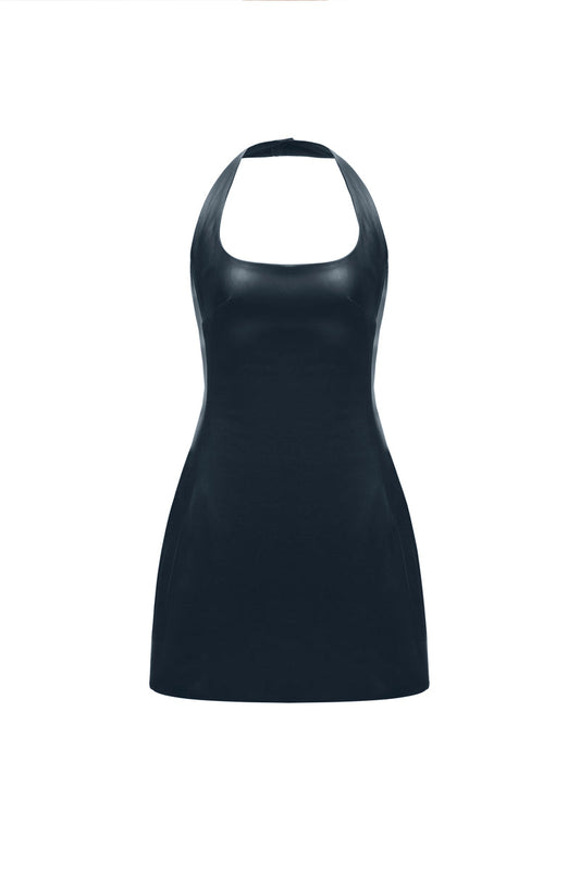 TWO SIDED HALTERNECK LEATHER MINI DRESS IN BLACK