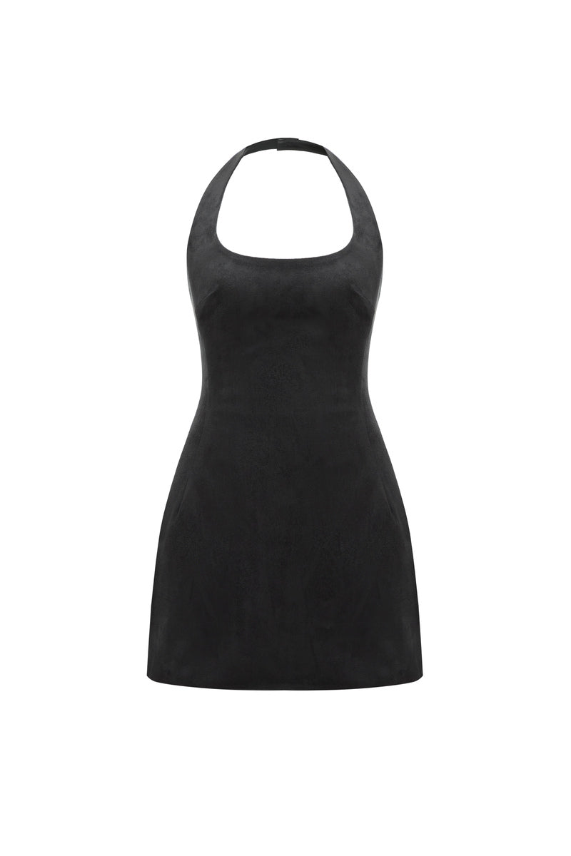 TWO SIDED HALTERNECK LEATHER MINI DRESS IN BLACK