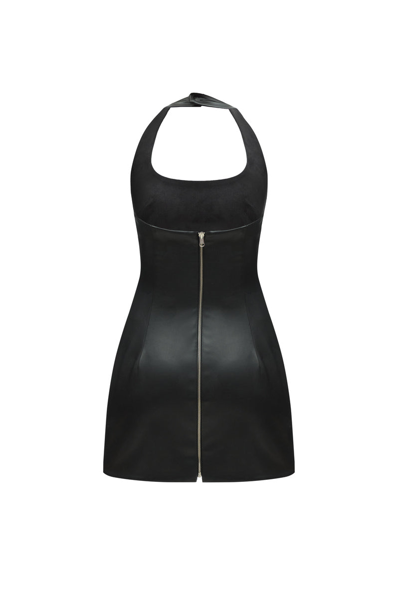 TWO SIDED HALTERNECK LEATHER MINI DRESS IN BLACK