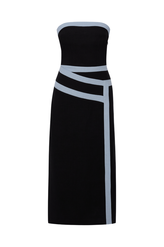 ELENA STRAPLESS BLACK LINEN TAPE DRESS